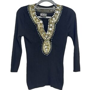 Vintage Berek Beaded Black Embellished V-Neck Top Medium